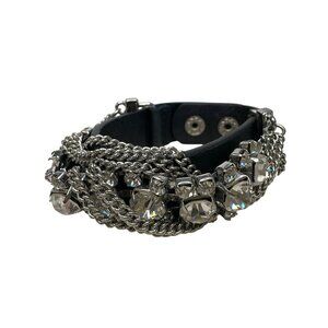 Rhinestone Chain Bracelet Embellished Black Leather Snap Closure Goth Sparkly